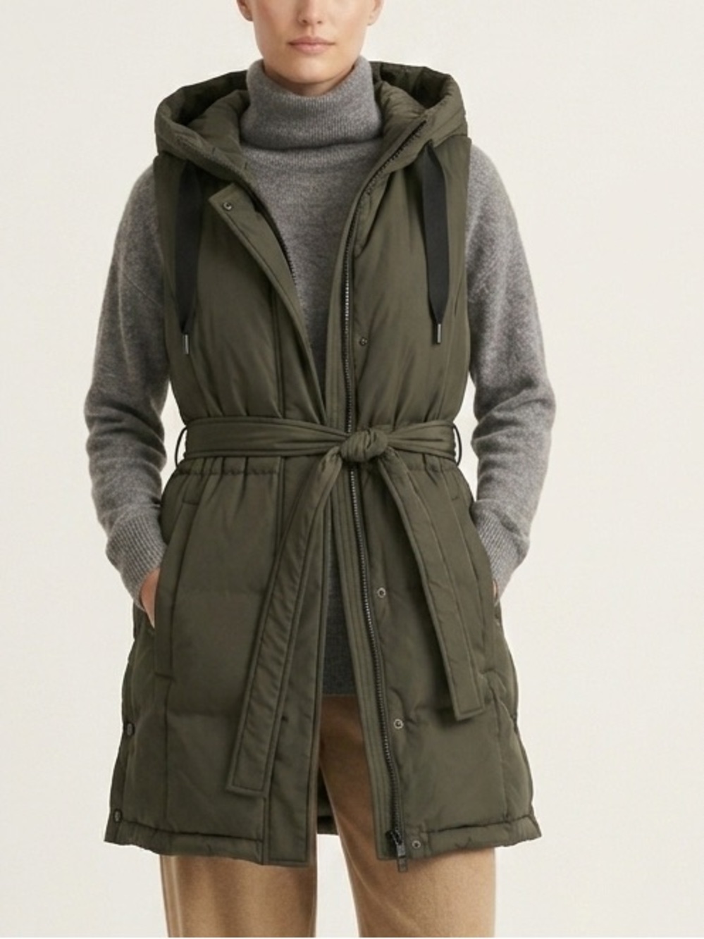 Sam Edelman Hooded Long Puffer Vest Dark Olive Green Small Adjustable Waist - S - Picture 3 of 16